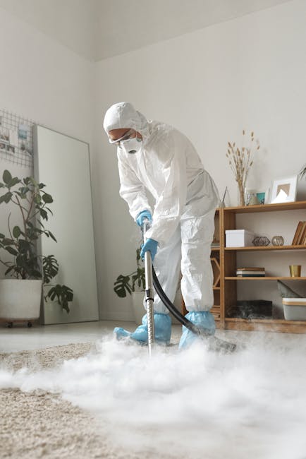 A professional cleaning technician dressed in white protective coveralls, a face mask, and blue gloves is performing surface cleaning in a residential living room. The technician is using a machine th